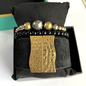 GIFT BOX INCLUDED Rustic Cuff Black 2" W Calfhair Beaded Bracelets Set of Three